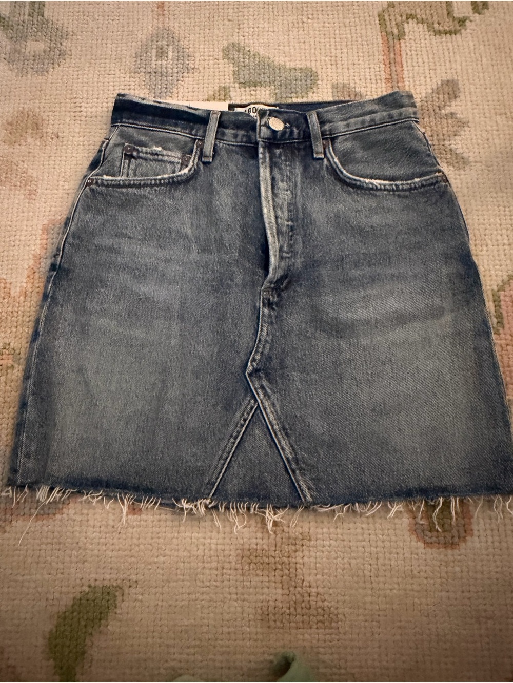 Agolde Blue Denim Frayed Hem Mini Skirt
